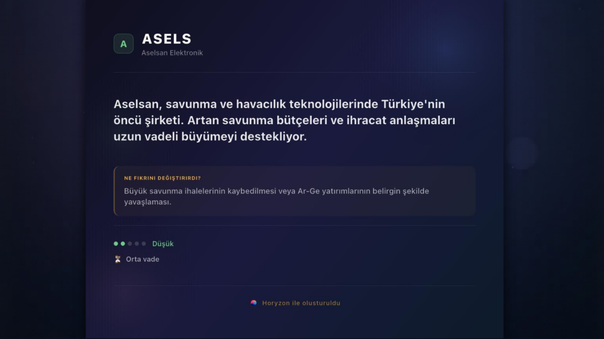 İnanç seviyesi ve yatırım mantığını gösteren tez vitrini kartı.