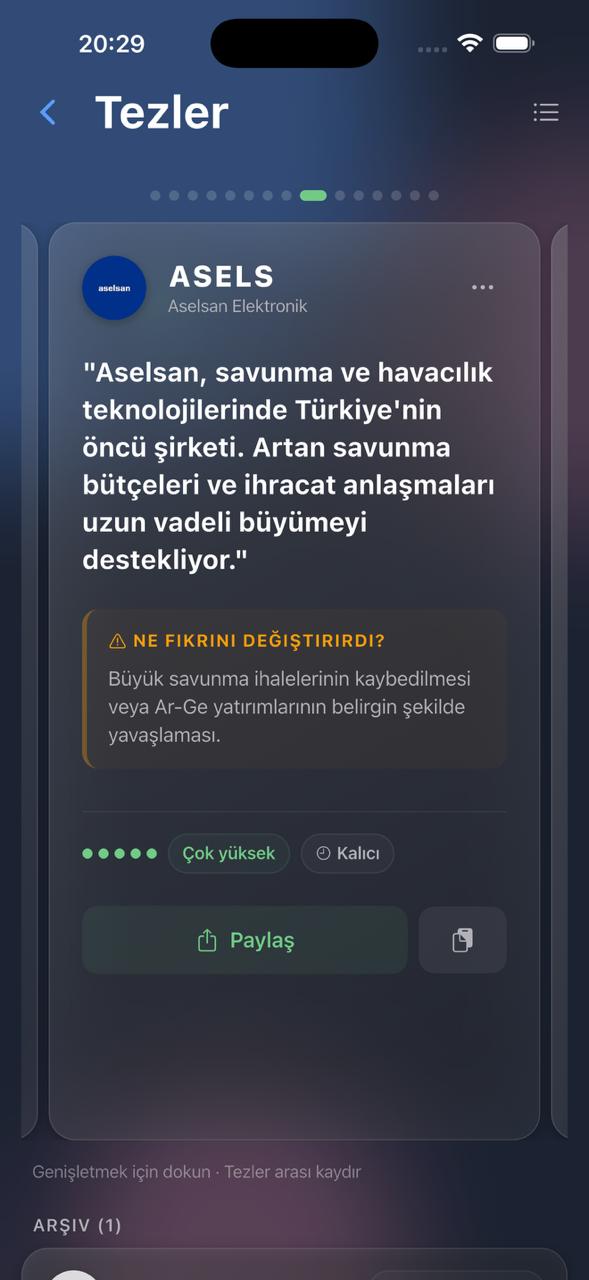 Tez vitrini görünümü: inanç seviyesi ve elde tutma süresiyle birlikte tam boyutlu yatırım tezi kartı.