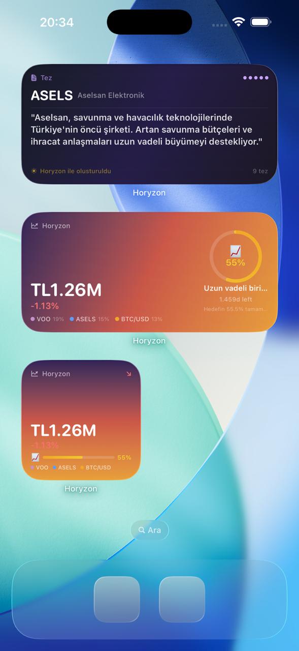 iPhone ana ekranında en yüksek inanç tezini gösteren Horyzon widget'ı.