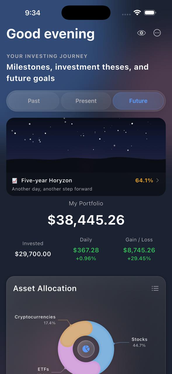 Horyzon portfolio dashboard showing total value, goal progress, and allocation.