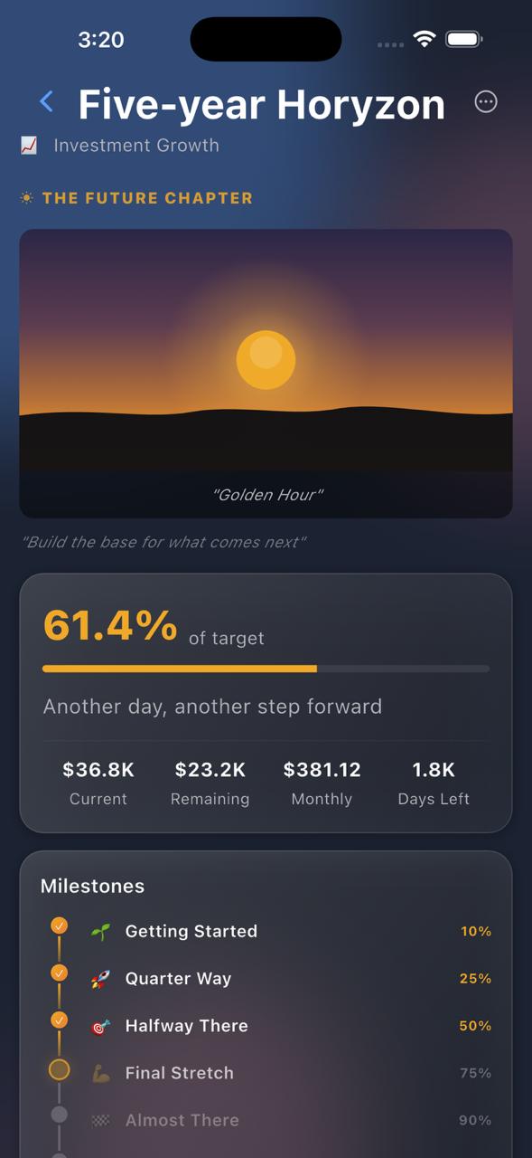 Horyzon goal screen showing progress toward a financial goal.
