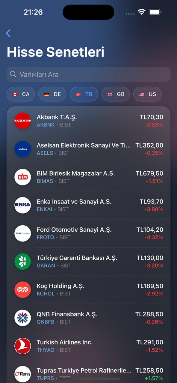 Listelenen hisseleri ve piyasa filtrelerini gösteren Horyzon arama ekranı.